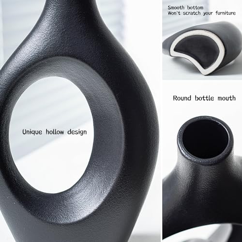 Liotww XL Black and Beige Snuggle Hollow Ceramic Vase Set of 2 for Coffee Table Decor, Modern Minimalist Aesthetic Donut Floral Vases, for Home Living Room Entryway Table Shelves Decorative - Image 5
