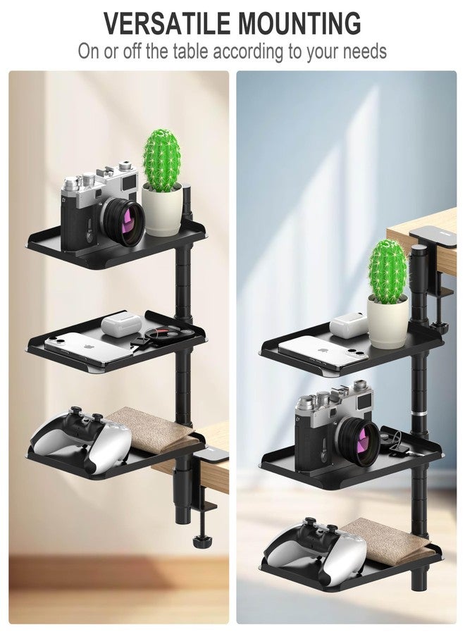 POWNEW 3 Tier Metal Clamp On Desk Shelf - 360° Rotatable Above/Under Table Storage, Adjustable Desktop Organizer for Home Office & Gaming, Storage Tray for Devices & Accessories - Image 3