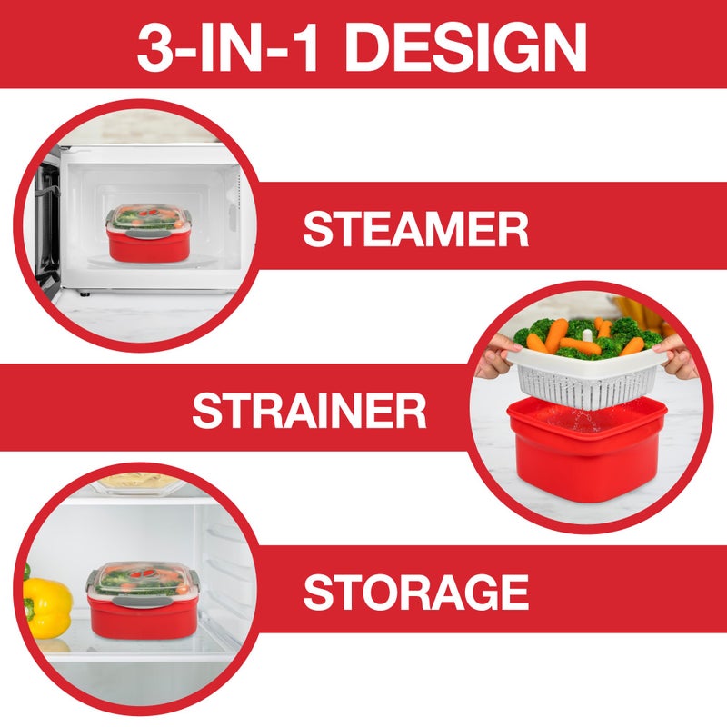 Good Cooking Microwave Steamer for Vegetables - 3 pc Microwavable Cooker with Food Storage- XMAS Holiday Cooking Made Easy- Removable Strainer & Locking Steam Vent Lid- BPA Free, Fridge & Freezer Safe | 1.3 Liters - Image 5