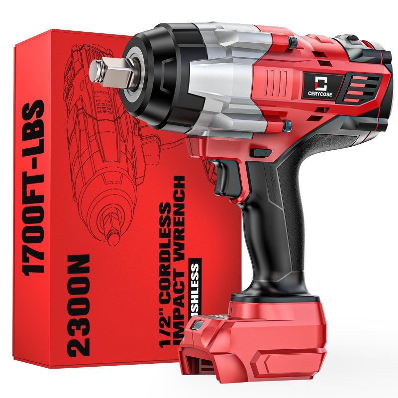 Cerycose Cordless Impact Wrench 1/2 inch Compatible with Milwaukee 18V Battery: 1700FT-LBS High Torque Impact Wrench Heavy Duty Tool - Brushless Electric Impact Gun Includes LED Work Light - Bare Tool Only - Image 1