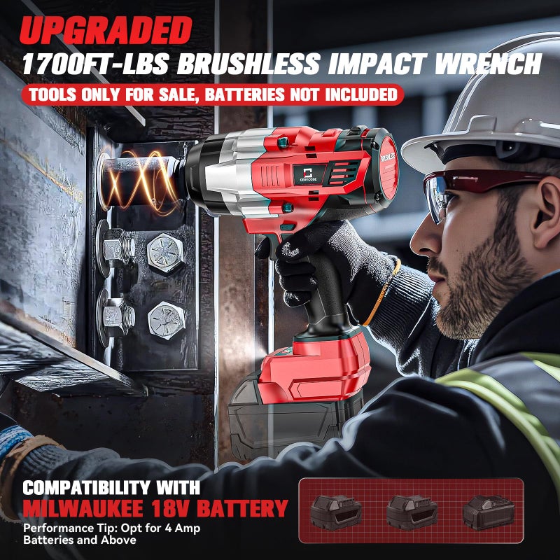 Cerycose Cordless Impact Wrench 1/2 inch Compatible with Milwaukee 18V Battery: 1700FT-LBS High Torque Impact Wrench Heavy Duty Tool - Brushless Electric Impact Gun Includes LED Work Light - Bare Tool Only - Image 3