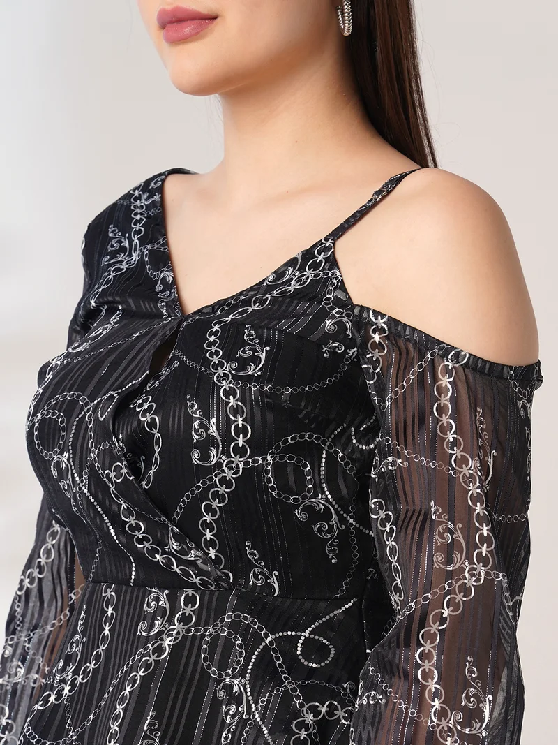 globus Women Black Abstract Print V-Neck One Shoulder Bishop Sleeves Peplum Party Top