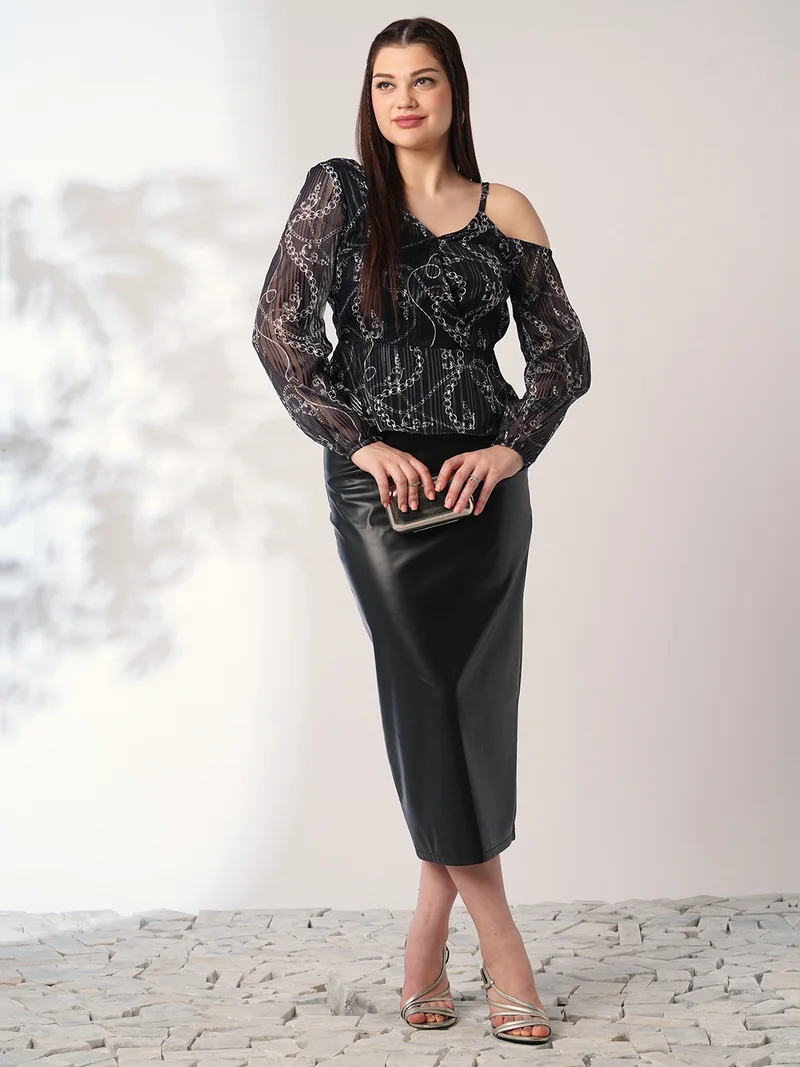 globus Women Black Abstract Print V-Neck One Shoulder Bishop Sleeves Peplum Party Top