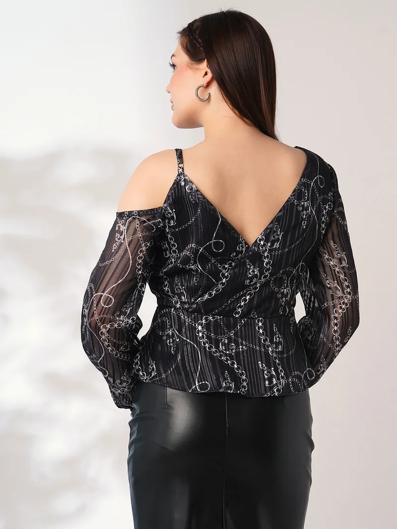 globus Women Black Abstract Print V-Neck One Shoulder Bishop Sleeves Peplum Party Top