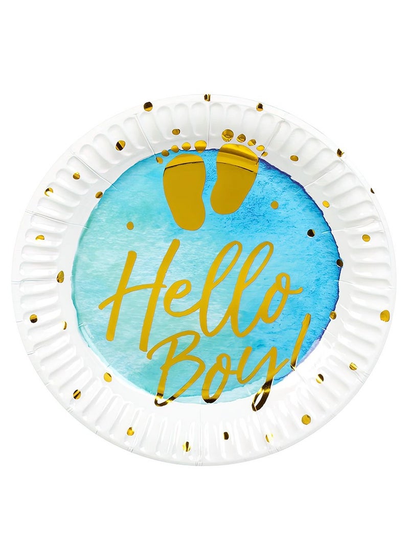 أطباق ورقية للاستخدام مرة واحدة لحفل استقبال المولود الجديد من Hello Boy، باللون الأزرق، مقاس 18 سم، عبوة من 6 قطع
