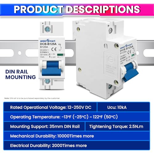 amiciSmart DC Circuit Breaker 125A 250V | 1P B Curve MCB for PV/Solar Systems & Battery | 10kA Breaking Capacity | Fast Trip Time ≤0.03s | DIN Rail Mount - Image 3