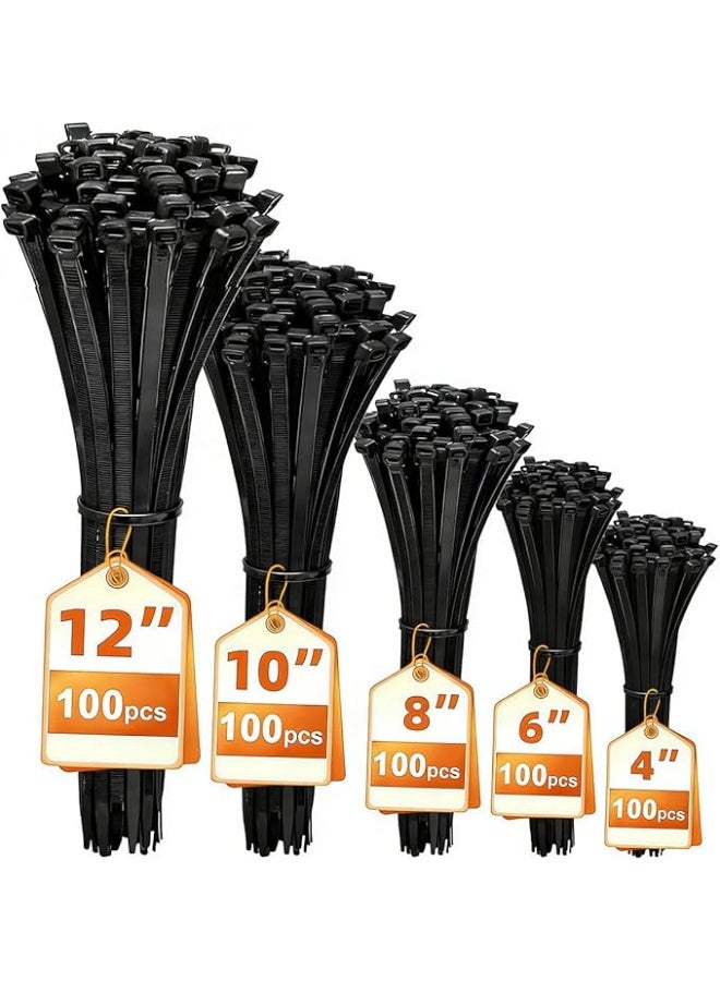 Cable Ties 500PCS Heavy Duty Nylon Zip Ties Self Locking, 5 Sizes (4"/6"/8"/10"/12") 18KG Tensile Strength Black Wire Wraps for Indoor Outdoor Cord & Cable Management - Image 3