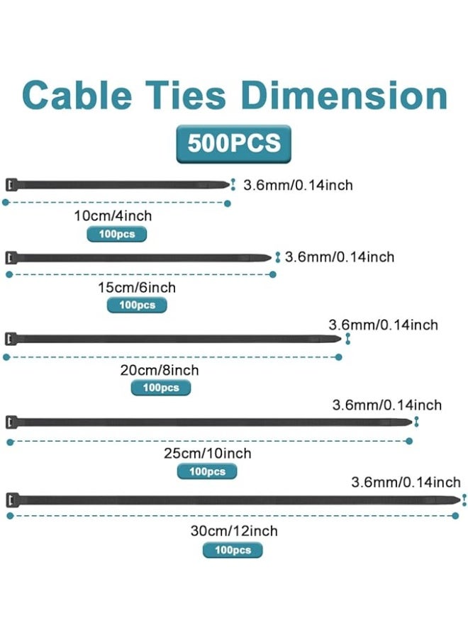 Cable Ties 500PCS Heavy Duty Nylon Zip Ties Self Locking, 5 Sizes (4"/6"/8"/10"/12") 18KG Tensile Strength Black Wire Wraps for Indoor Outdoor Cord & Cable Management - Image 2