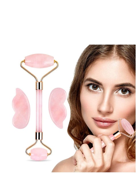 Original Jade Roller For Face and Gua Sha Set, Rose Quartz Face Roller, Real Jade - Face Massager For Wrinkles, Anti Aging Authentic, Durable,Natural, No Squeaks