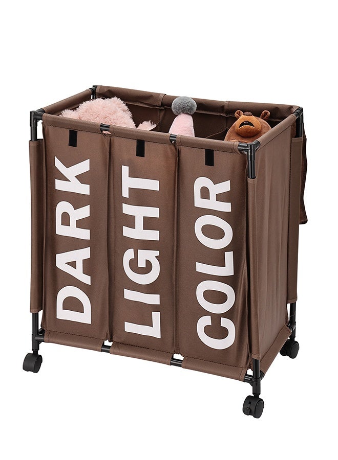 LAWAZIM 123L Laundry Basket - 60x33x62cm Brown - 3 Section Large Laundry Sorter Cart with Lockable Wheels and Fold-Over Cover - Ideal for Sorting Clothes in Bathrooms, Bedrooms, and Laundry Rooms - Image 3