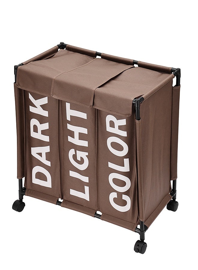 LAWAZIM 123L Laundry Basket - 60x33x62cm Brown - 3 Section Large Laundry Sorter Cart with Lockable Wheels and Fold-Over Cover - Ideal for Sorting Clothes in Bathrooms, Bedrooms, and Laundry Rooms - Image 4