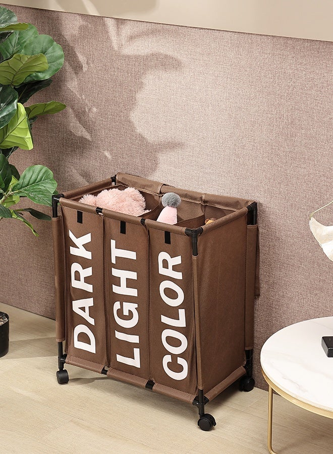 LAWAZIM 123L Laundry Basket - 60x33x62cm Brown - 3 Section Large Laundry Sorter Cart with Lockable Wheels and Fold-Over Cover - Ideal for Sorting Clothes in Bathrooms, Bedrooms, and Laundry Rooms - Image 2