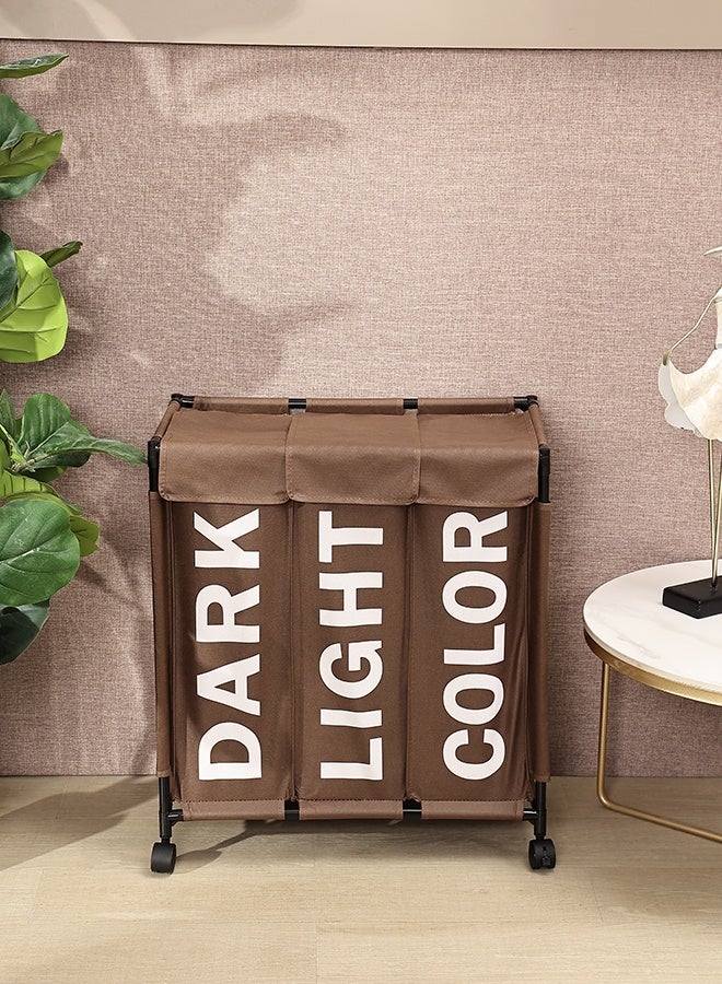 LAWAZIM 123L Laundry Basket - 60x33x62cm Brown - 3 Section Large Laundry Sorter Cart with Lockable Wheels and Fold-Over Cover - Ideal for Sorting Clothes in Bathrooms, Bedrooms, and Laundry Rooms - Image 1