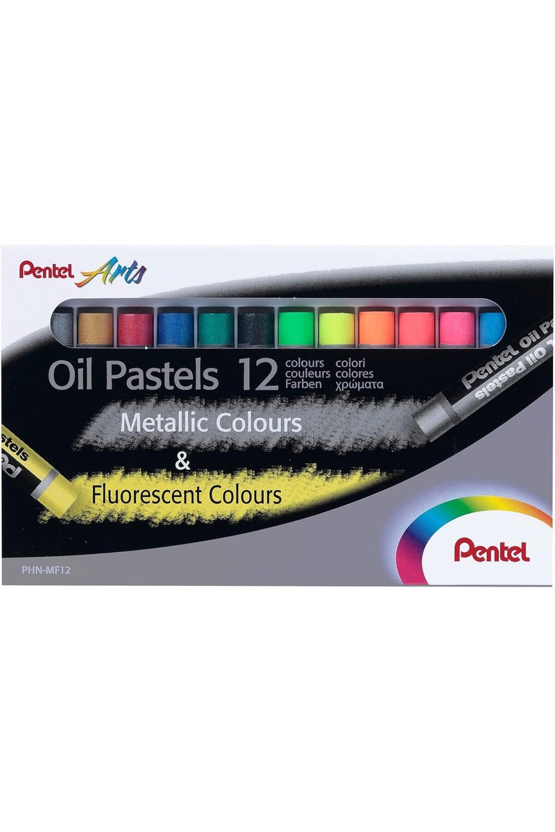 Pentel Fluorescent and Metallic Oil Pastels Set of 12 Assorted Colours, PHN-MF12 - Image 1
