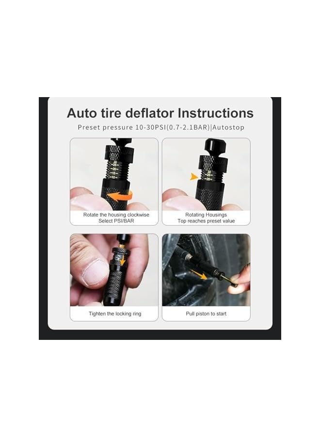 4 Pcs Adjustable Auto-Stop Tire Deflator Valve Kit (10-30 PSI), Quickly Deflates Four Tyres at Once, with Storage Bag and 4 Valve Cap for Offroad, Cars, Trucks, Motorcycles - Image 4