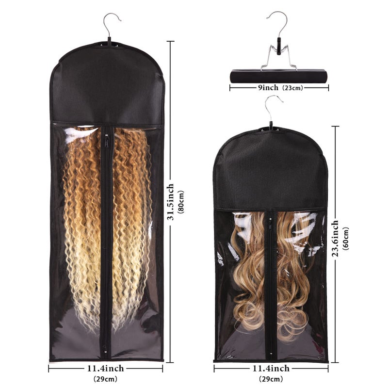 AIHOPESTO 3 Pack Wig Bags Storage with Hanger: 23.6 Inch & 31.5 Inch Black Wig Storage Bags for Multiple Wigs, Dust & Moisture Protection - Image 2