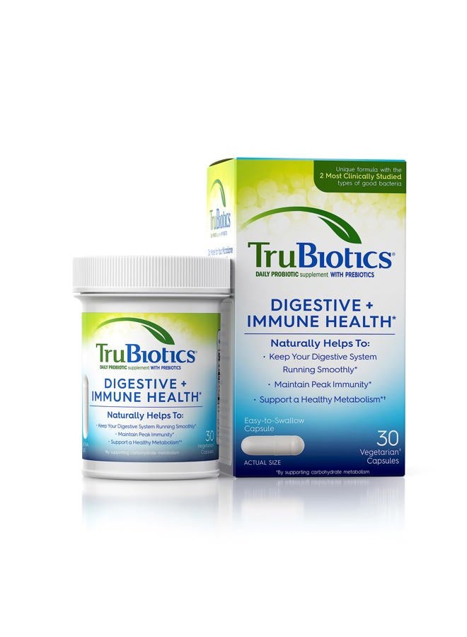 TruBiotics Probiotics for Digestive & Immune Health, Supports Regularity & Helps Relieve Abdominal Discomfort, Gas & Bloating, 2 Clinically Studied Probiotic Strains, Plus Prebiotics, 30 Capsules - Image 1