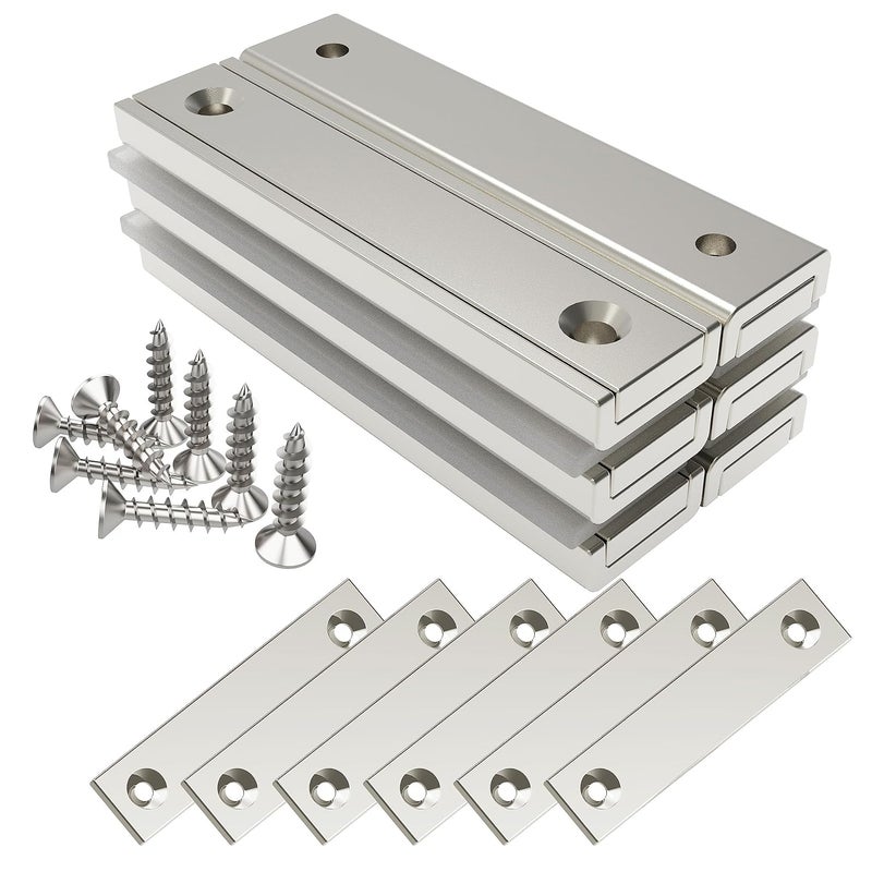 Magnetpro Pack of 6 Rectangular Magnets 30 kg Force 60 x 13.5 x 5 mm with Counterparts and Countersunk Hole, Household and Industrial Pot Magnet with Screws - Image 1