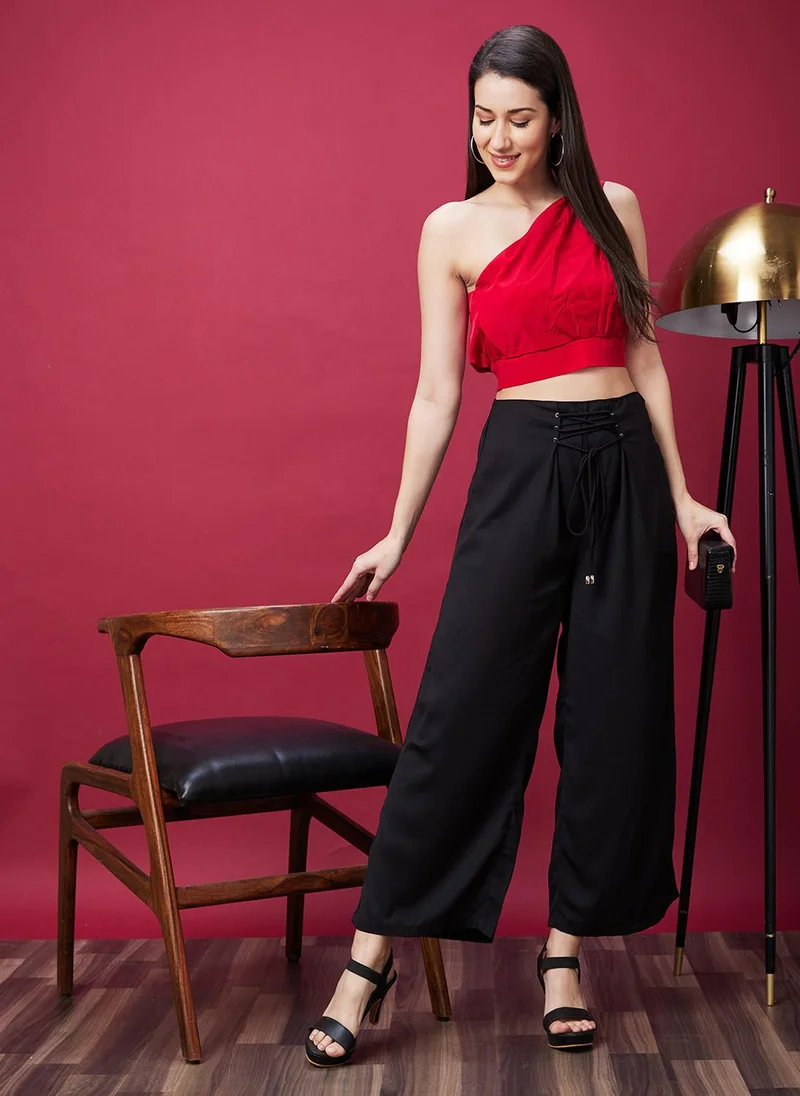 جلو باص بنطلون نسائي قطني واسع بخصر مرتفع