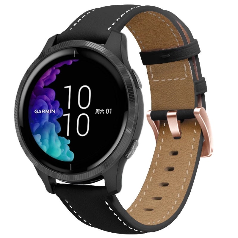 S-TOP For Garmin Forerunner 265S / 255S / Venu 2S 18mm Rose Gold Buckle Genuine Leather Watch Band (Black) - Image 1