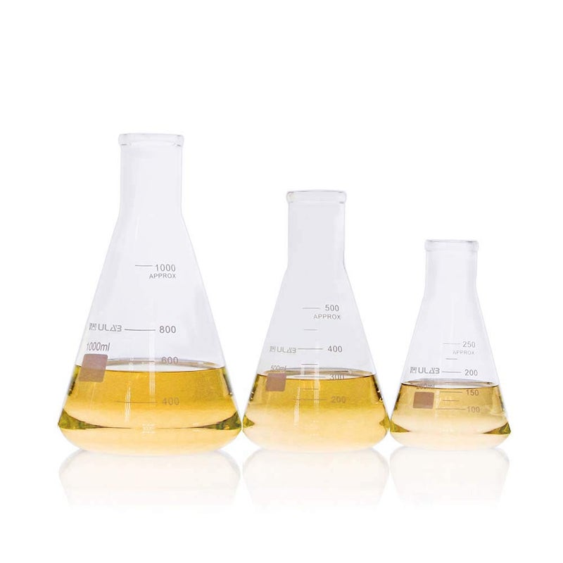 ULAB Scientific Narrow-Mouth Glass Erlenmeyer Flask Set, 3 Sizes 250ml 500ml 1000ml, 3.3 Borosilicate with Printed Graduation, UEF1022 - Image 1