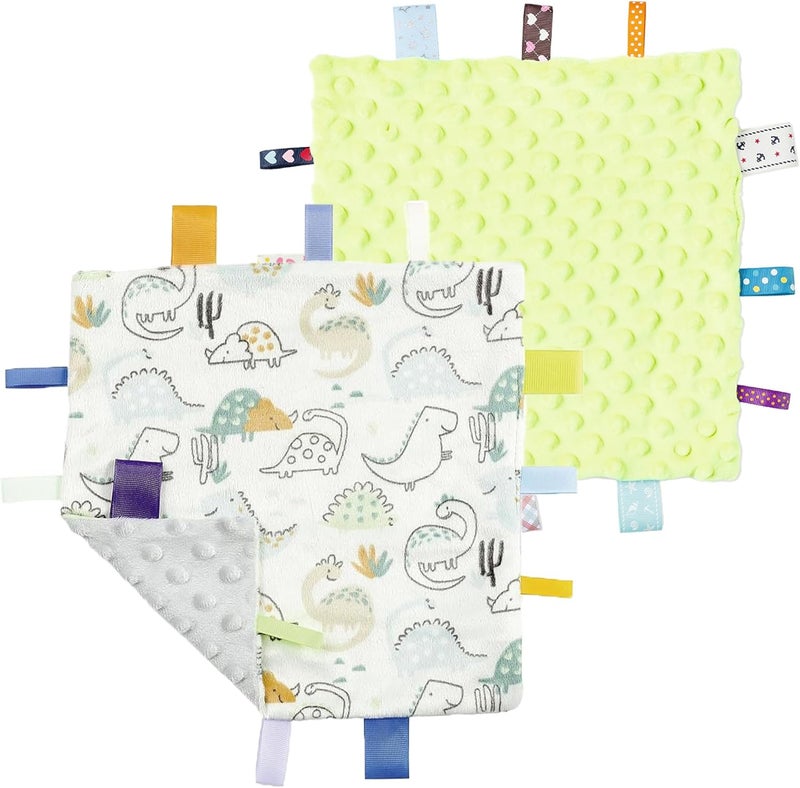 CREVENT Tag Security Blankets for Babies, Soft Small Loveys for Boys, Baby Comforter Sensory Blanket, Great Gifts for Birthday Baby Shower - 10"X10" Green + Dinosaur - Image 1