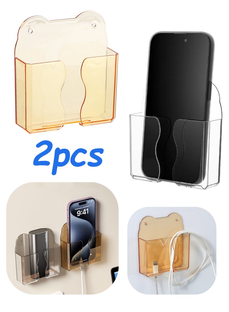 2pcs Wall Mounted Phone Holder, Clear Stand Self Adhesive With Charging Hole Compatible With iPhone and Android Smartphone, Cradle Bedside Organizer Remote Control Stand for Home Office - Image 1