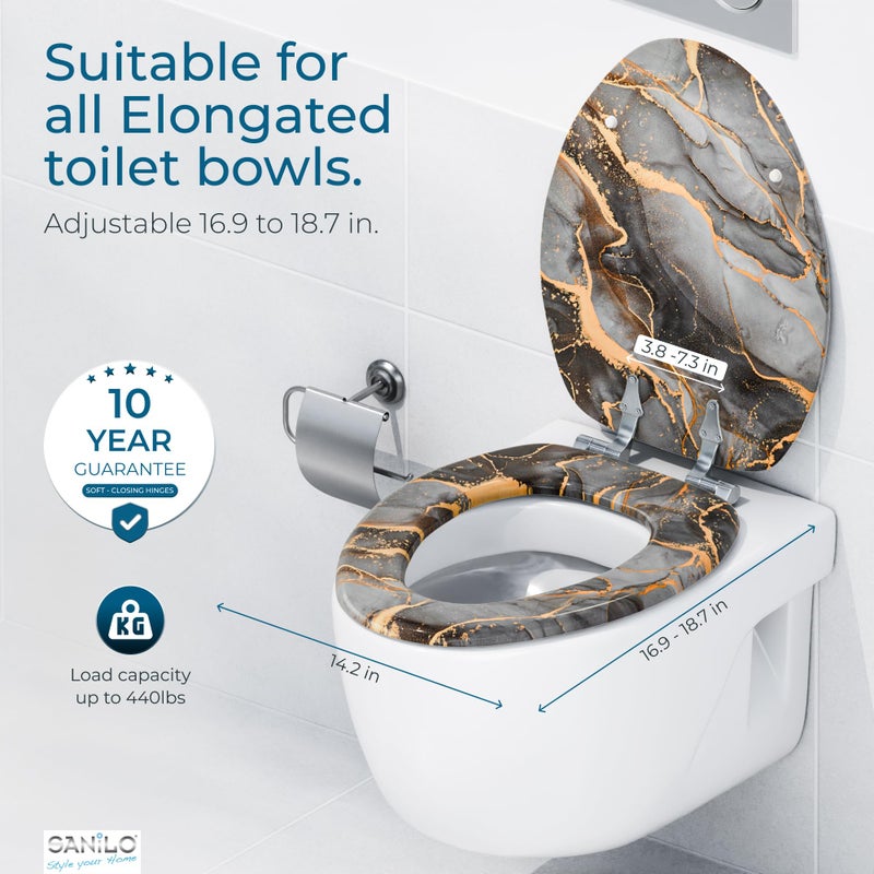 SANILO Wooden Toilet Seat with Soft Close [ELONGATED] - Decorative, Quiet & Slow Close Molded Wood Seat - With Strong Bumpers & Hinges - Adjustable Fit - Marble Abstract - Image 4