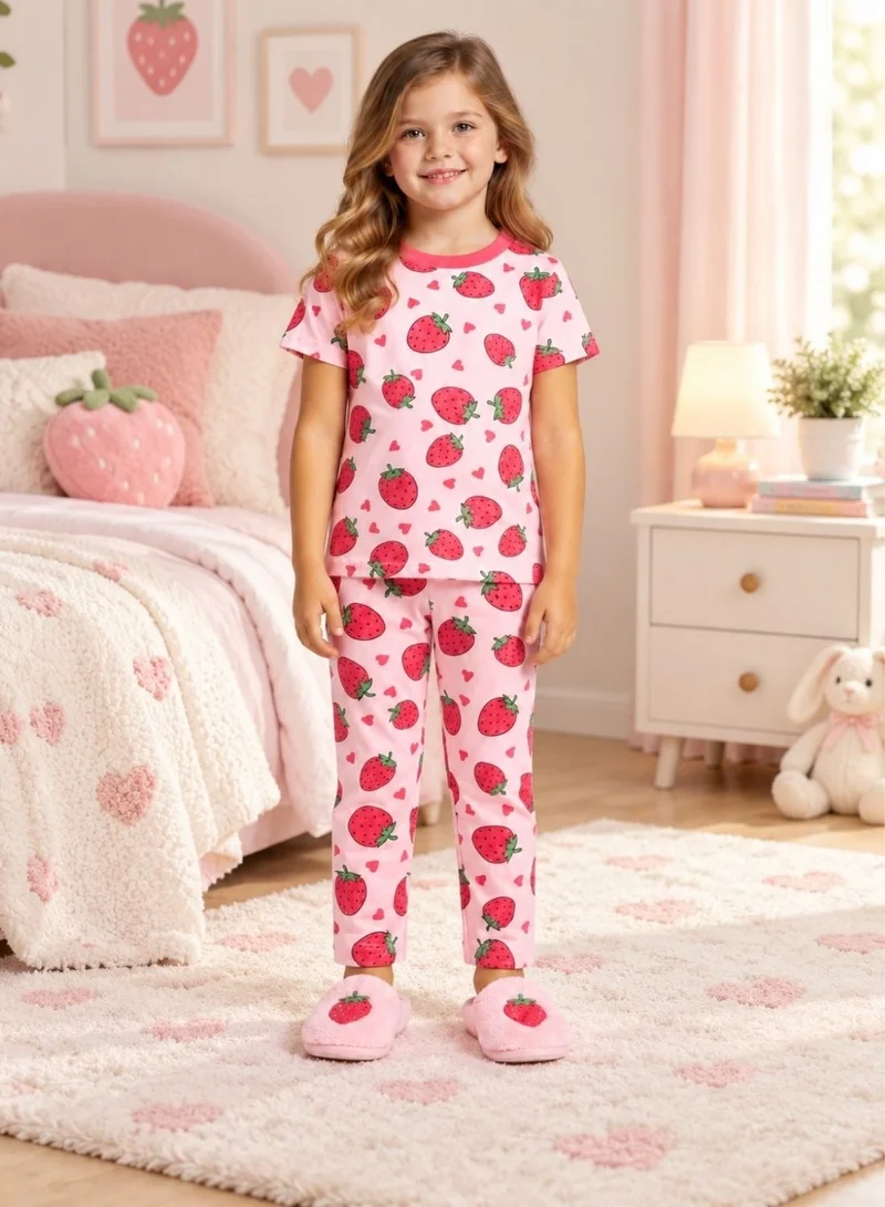 بيبي كلو Girls Pink Strawberry Print T-Shirt and Pajama Set