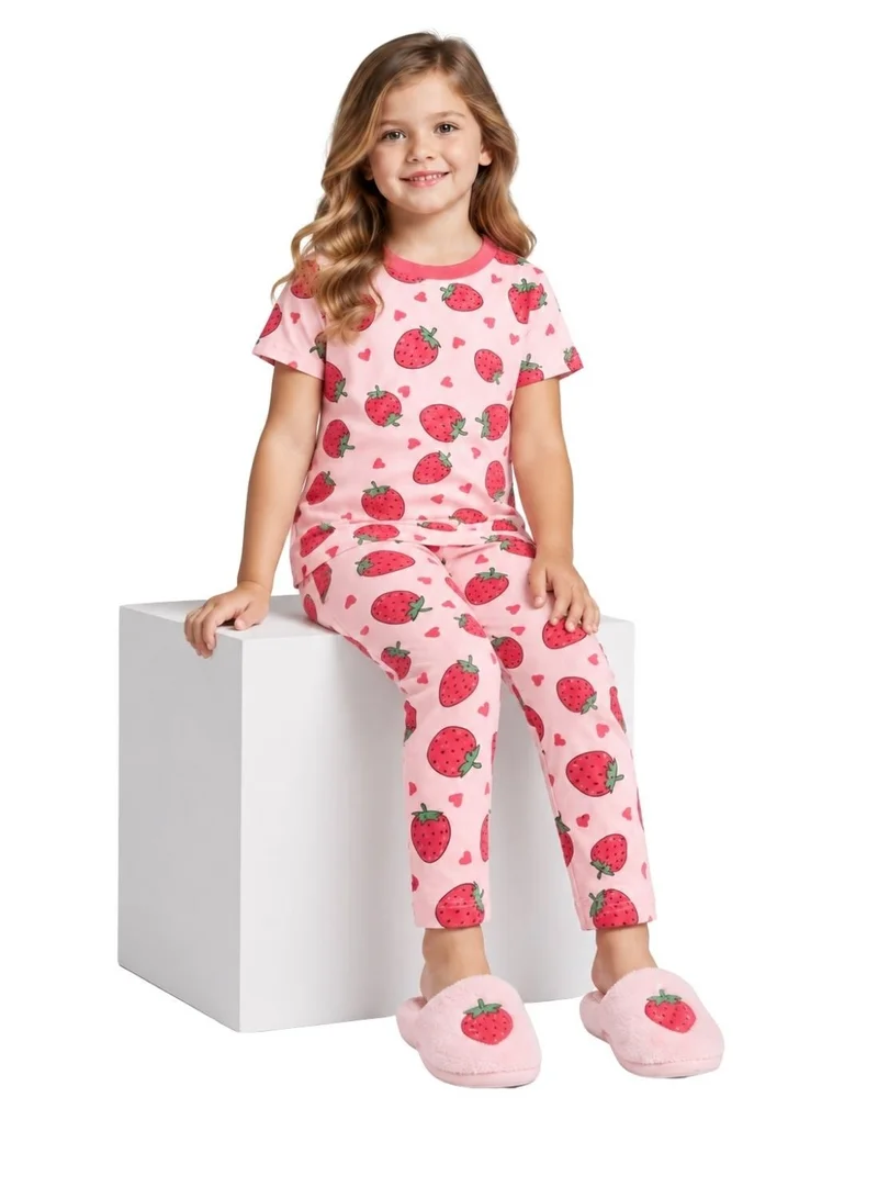 بيبي كلو Girls Pink Strawberry Print T-Shirt and Pajama Set