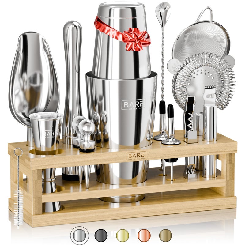 BARE BARREL Mixology Bartender Kit Bar Set 16Piece Cocktail Shaker Set Martini Barware Mixing Tools for Home Bartending Incl 35 Recipe Cards Gift Set 28oz Boston Shaker SilverNatural