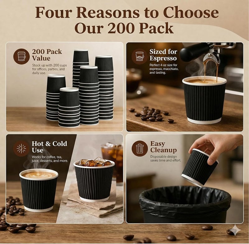 Barafat 200pcs 4oz Paper Espresso Cups Ripple Wall Hot Cups For Coffee Disposable Coffee Cup Paper Hot/Cold Drinking Cups for Party, Picnic, Travel and Events (200, Black) - Image 3