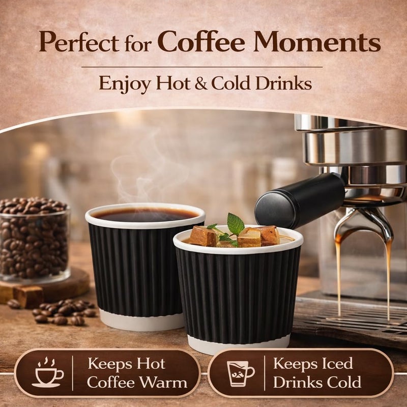 Barafat 200pcs 4oz Paper Espresso Cups Ripple Wall Hot Cups For Coffee Disposable Coffee Cup Paper Hot/Cold Drinking Cups for Party, Picnic, Travel and Events (200, Black) - Image 2