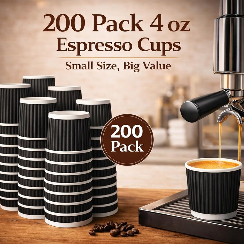 Barafat 200pcs 4oz Paper Espresso Cups Ripple Wall Hot Cups For Coffee Disposable Coffee Cup Paper Hot/Cold Drinking Cups for Party, Picnic, Travel and Events (200, Black) - Image 5