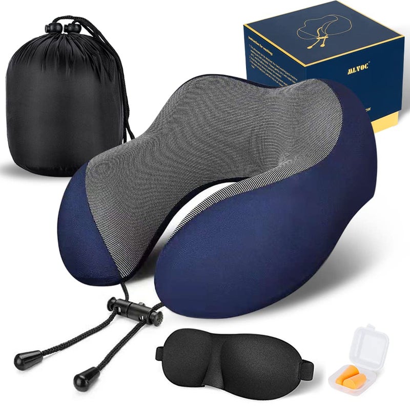 MLVOC Neck Pillow for Traveling, Upgraded 100% Pure Memory Foam Travel Neck Pillow for Airplane Flight Sleep, Breathable & Machine Washable Cover, Travel Kit with 3D Eye Mask, Earplugs & Bag, Blue - Image 1