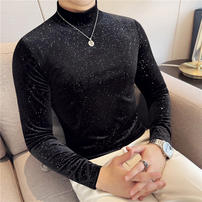 Men'S Clothing New Bottoming Shirt Gold Velvet Mid-Collar Long Sleeve T-Shirt Men'S Elastic Semi-High Collar Slim-Fit Inner T-Shirt