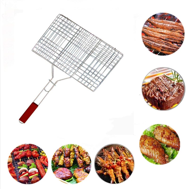 Ngel Chromium Plated Barbecue BBQ Grill Net Basket for Fish Vegetables Steak Shrimp Chops and Other Food with Wooden Handle - Image 2