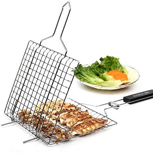Ngel Chromium Plated Barbecue BBQ Grill Net Basket for Fish Vegetables Steak Shrimp Chops and Other Food with Wooden Handle - Image 1