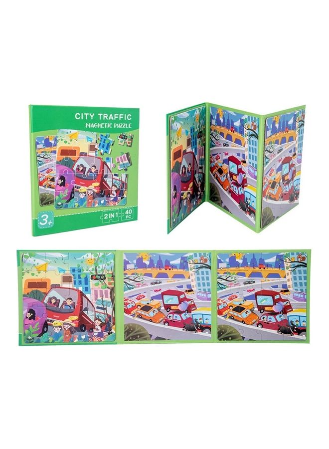 2-In-1 City Traffic Themed Portable Folding Magnetic Jigsaw Puzzle Book Set