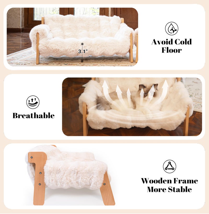 CHEERHOME PETS Elevated Cat Couch Bed for Indoor Cats, Wooden Cat Sofa with Removable Washable Fluffy Cover Raised Kitty Lounge Chair Suitable for Puppy(Cat Sofa Off-White) - Image 4