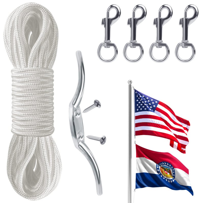 PAMASE Flag Rope and Clips Kit - 50ft Flag Pole Rope Halyard with Cleat Hook & 4 Pcs Swivel Snap Clips for Flagpoles Up to 25ft, Outdoor Porch Flagpoles Repair Replacement Parts Accessories - Image 1