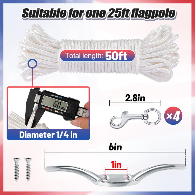PAMASE Flag Rope and Clips Kit - 50ft Flag Pole Rope Halyard with Cleat Hook & 4 Pcs Swivel Snap Clips for Flagpoles Up to 25ft, Outdoor Porch Flagpoles Repair Replacement Parts Accessories - Image 3