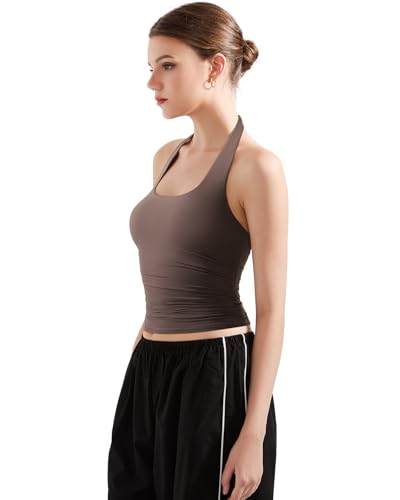 SUUKSESS Women Halter Tank Tops Double Lined Basic Backless Y2K Trendy Going Out Tops (Brown,S) - Image 3