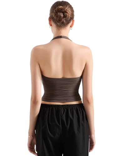 SUUKSESS Women Halter Tank Tops Double Lined Basic Backless Y2K Trendy Going Out Tops (Brown,S) - Image 4