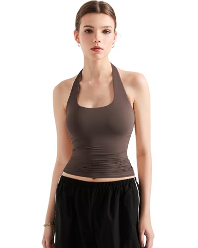 SUUKSESS Women Halter Tank Tops Double Lined Basic Backless Y2K Trendy Going Out Tops (Brown,S) - Image 5