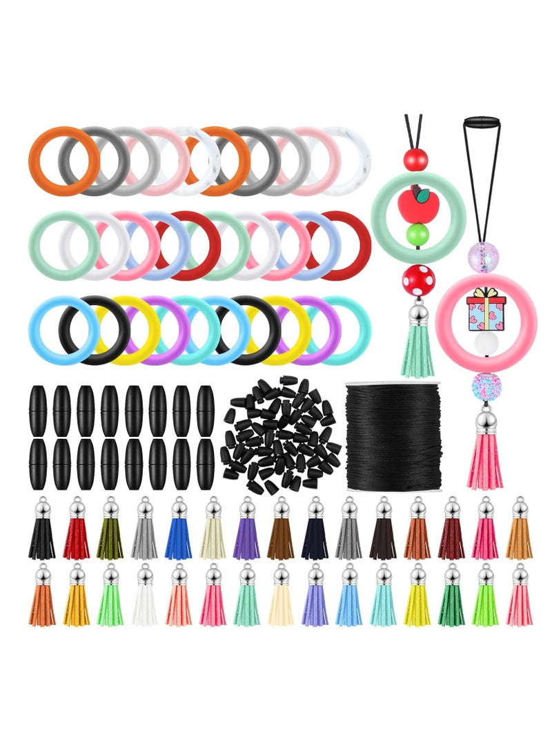 KASTWAVE 30 Sets Silicone Beadable Rings Making Kits, Tassel Pendant Making Kit, 65mm Round Silicone Bead Loop and Keychain, Tassels Bulk Leather Key Chain Charms, for DIY Keychain Bracelet Jewelry Necklace - Image 1