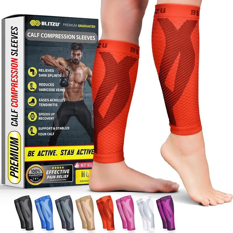 BLITZU Calf Sleeves (1 Pair) Power+ Compression Men and Women Performance Leg Guards. True Graduated Compression. Improves Circulation, Aids Muscle Recovery - Image 1
