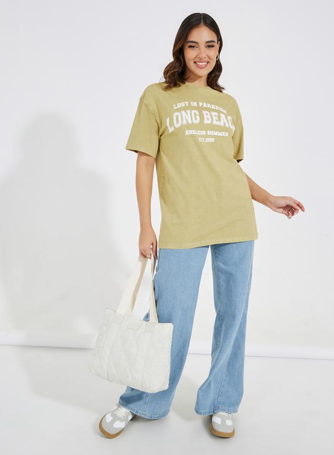 Styli Acid Wash Long Beach Slogan Oversized T-Shirt  - Image 2
