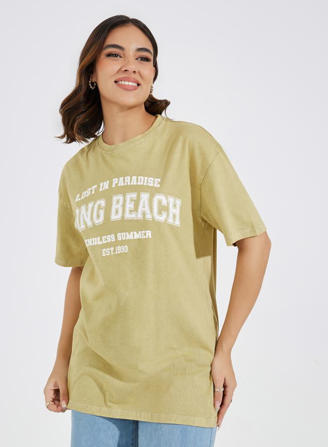 Styli Acid Wash Long Beach Slogan Oversized T-Shirt  - Image 3