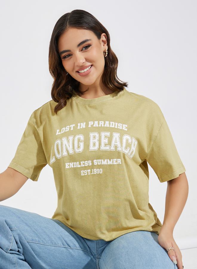 Styli Acid Wash Long Beach Slogan Oversized T-Shirt  - Image 1